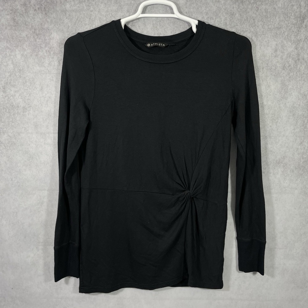 Athleta Nirvana Front Twist Top Womens Size S Black Long Sleeves Solid Crewneck.